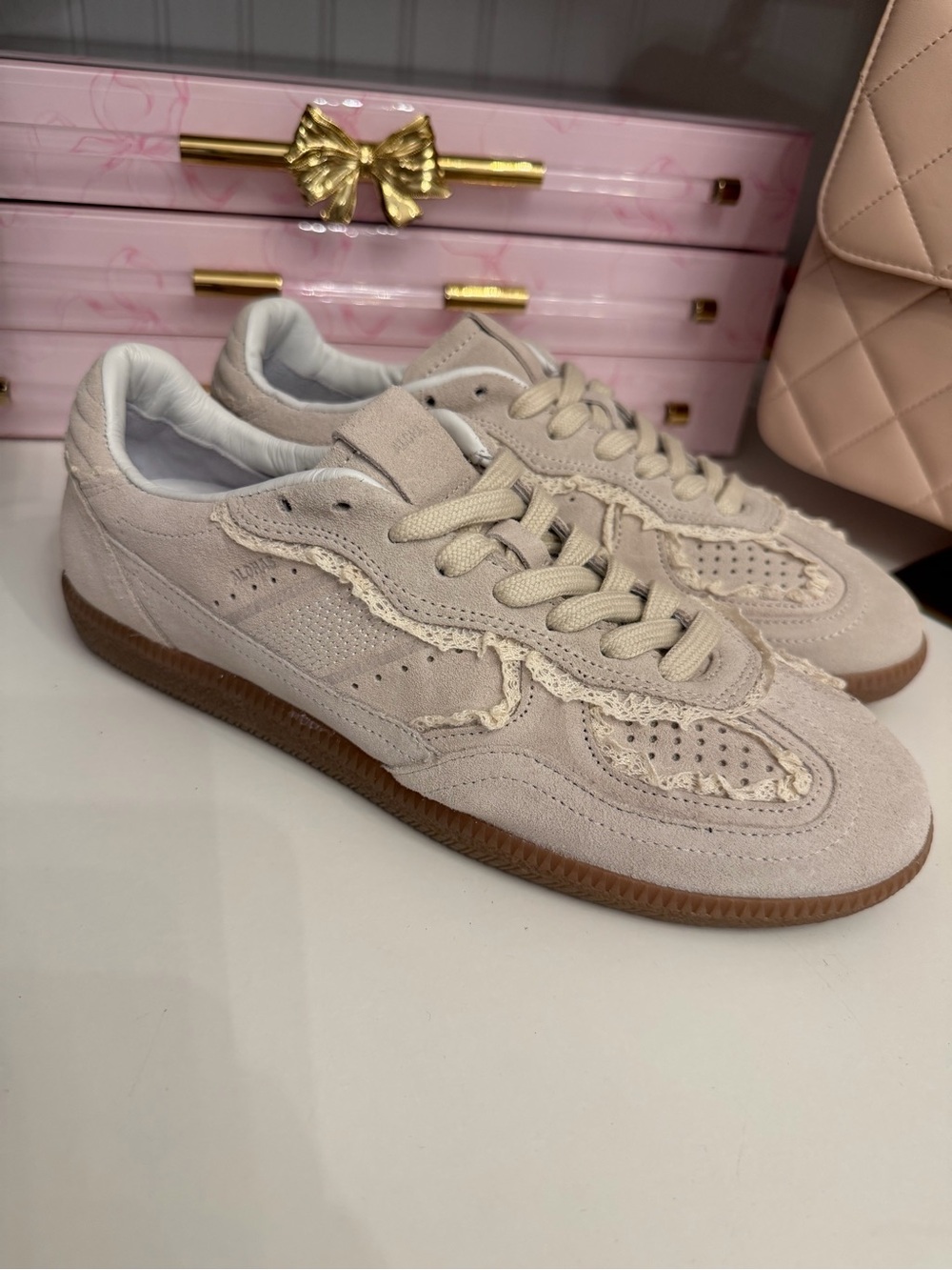 ALOHAS Women's Suede Sneakers in Light Taupe with Gum Sole